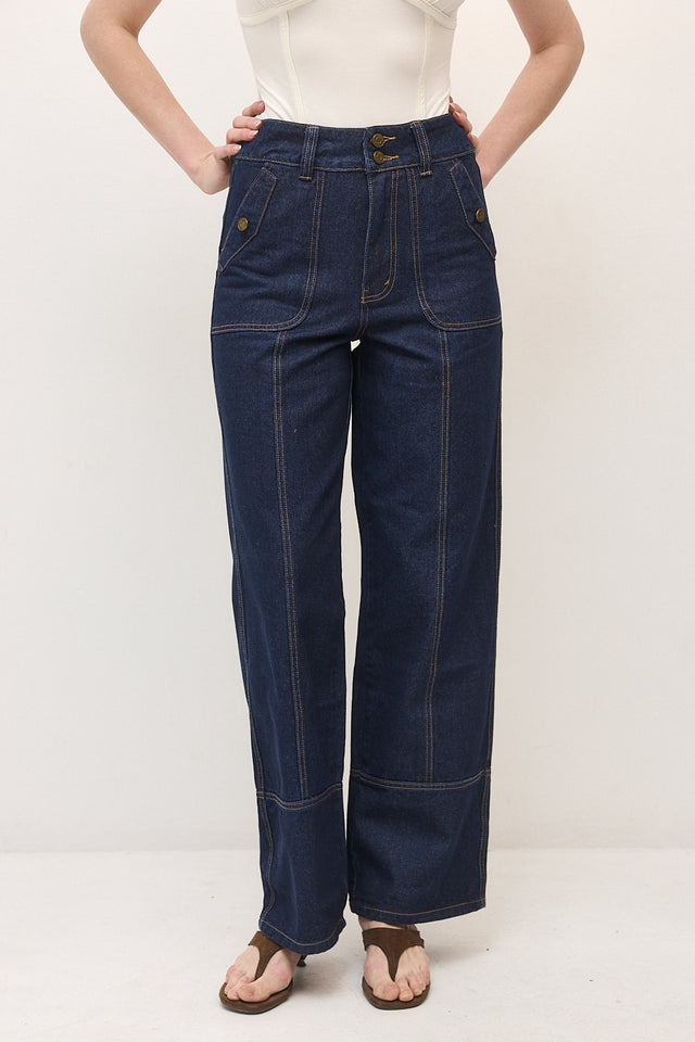 מכנסי ג'ינס קאנולי דיטייל תיפורים כחול כהה