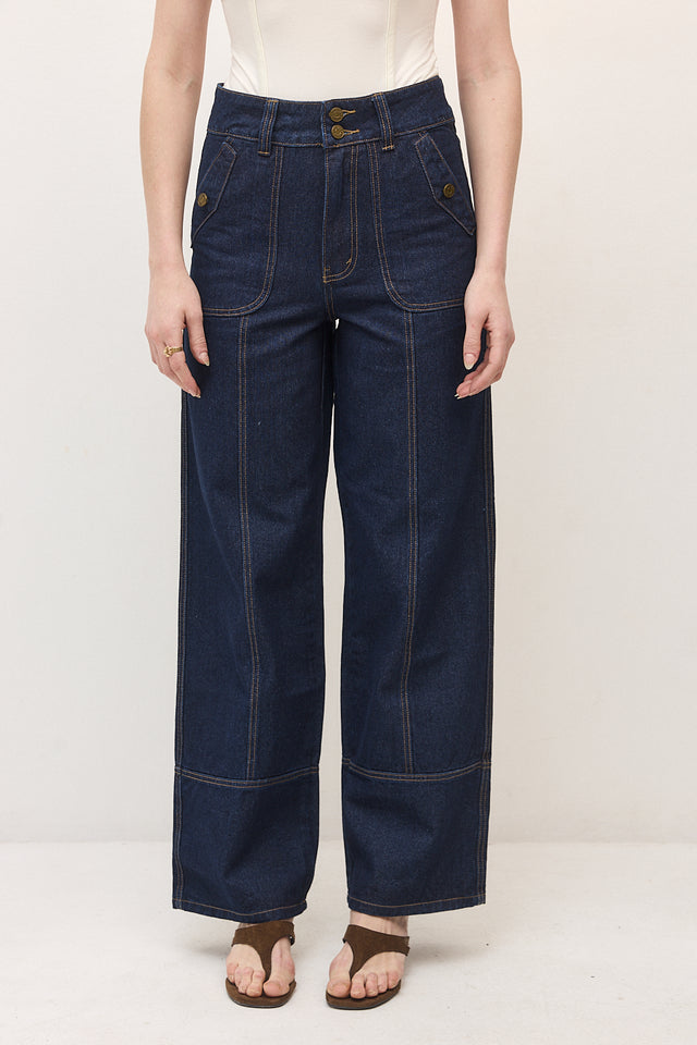 מכנסי ג'ינס קאנולי דיטייל תיפורים כחול כהה