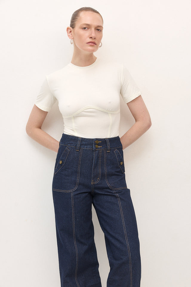 מכנסי ג'ינס קאנולי דיטייל תיפורים כחול כהה