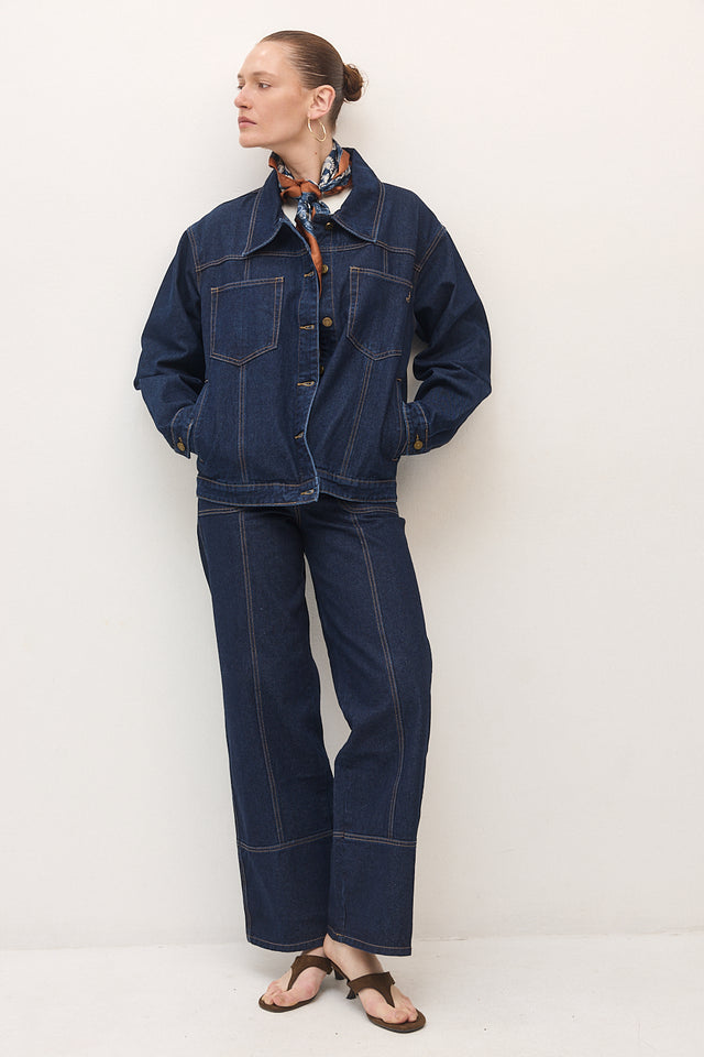 ז'קט ג׳ינס קאנולי תיפורים כחול כהה