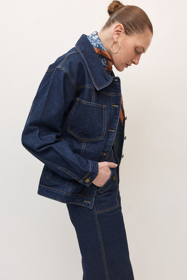 ז'קט ג׳ינס קאנולי תיפורים כחול כהה