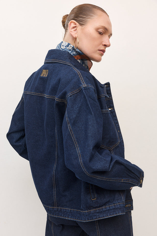 ז'קט ג׳ינס קאנולי תיפורים כחול כהה