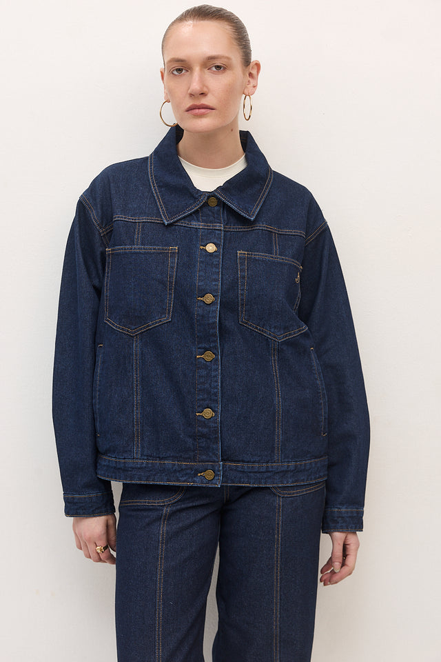 ז'קט ג׳ינס קאנולי תיפורים כחול כהה