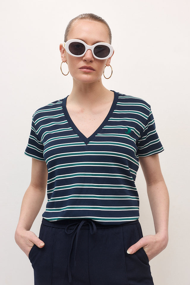 חולצת וי קוקיז פסים מפתח וי קצרה נייבי