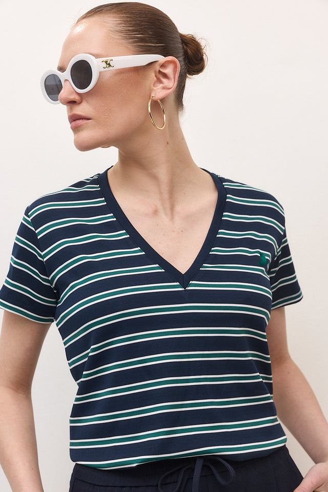 חולצת וי קוקיז פסים מפתח וי קצרה נייבי