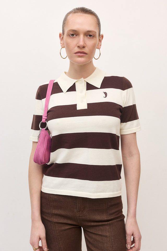 חולצת סריג פולו ספייסי קצרה פסים שוקולד שמנת