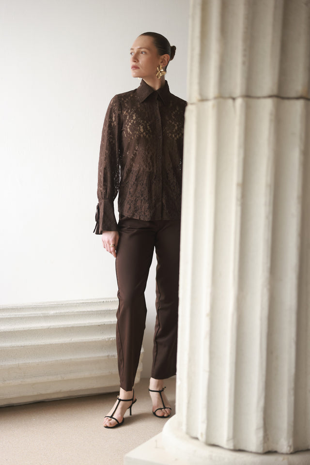 חולצה מכופתרת פולו לייס תחרה ארוכה שוקולד