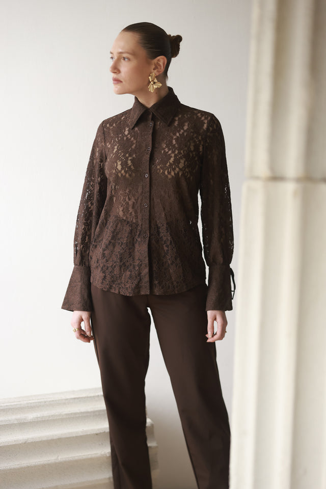 חולצה מכופתרת פולו לייס תחרה ארוכה שוקולד