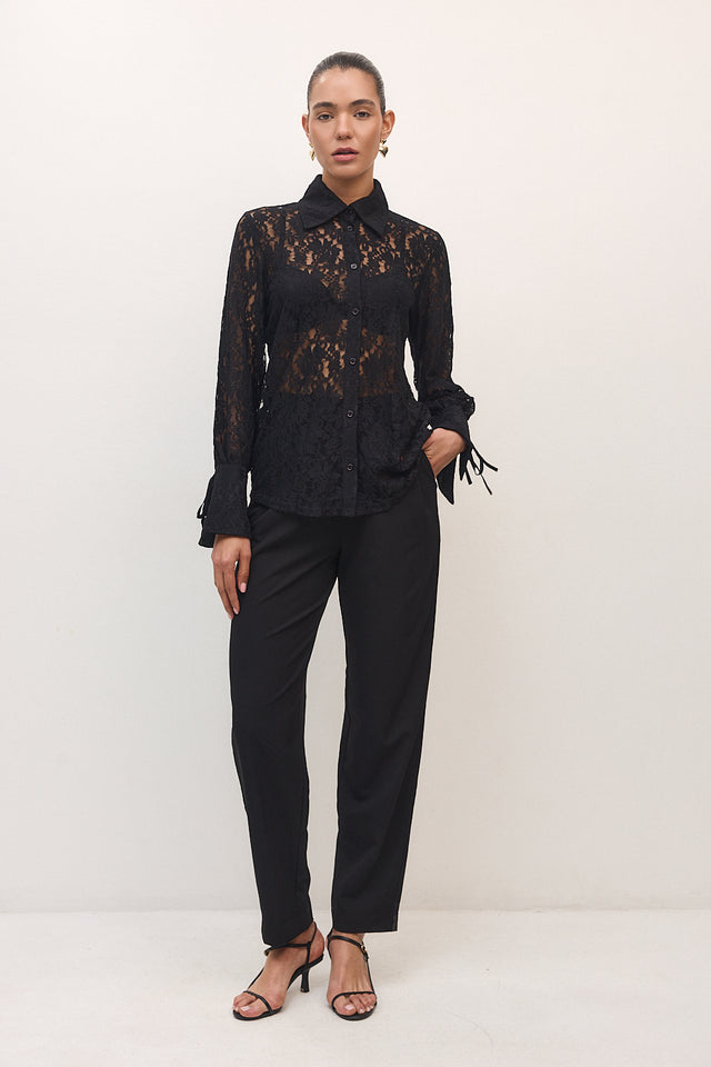 חולצה מכופתרת פולו לייס תחרה ארוכה שחור