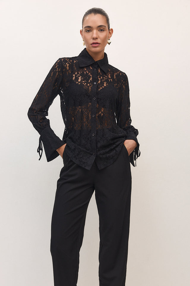 חולצה מכופתרת פולו לייס תחרה ארוכה שחור