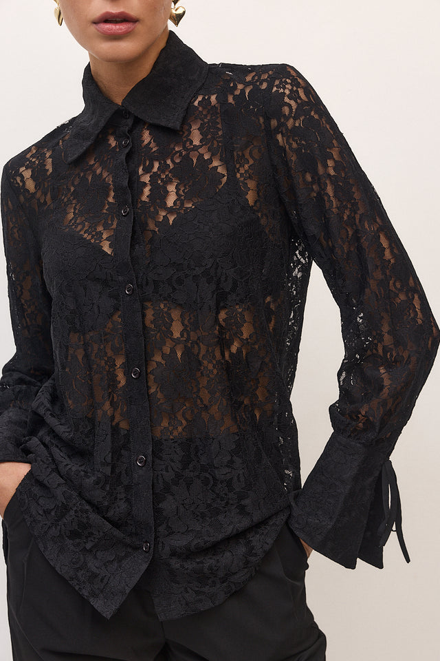 חולצה מכופתרת פולו לייס תחרה ארוכה שחור