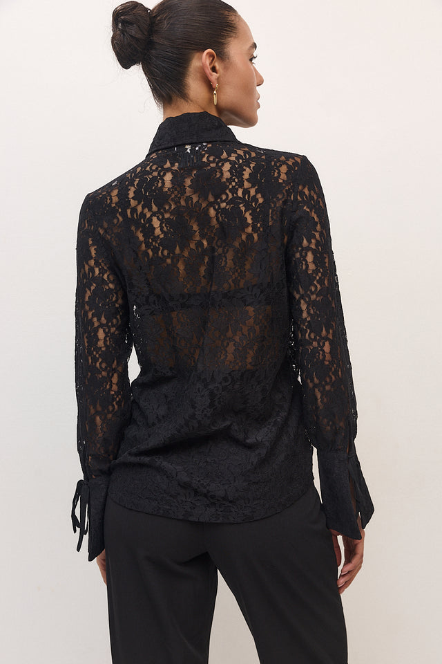 חולצה מכופתרת פולו לייס תחרה ארוכה שחור