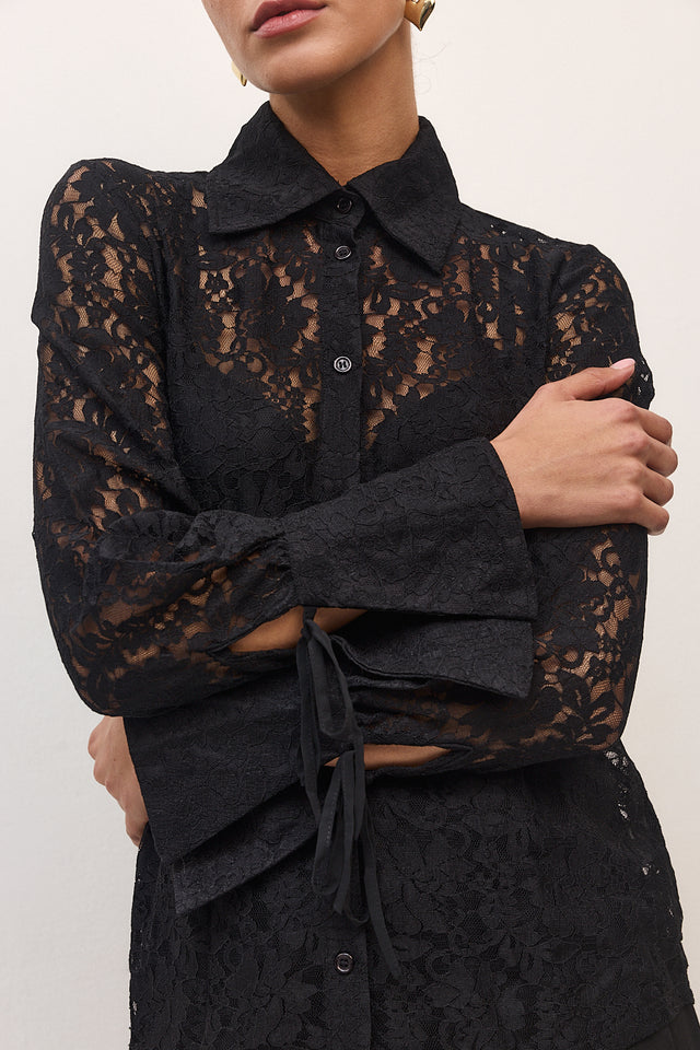 חולצה מכופתרת פולו לייס תחרה ארוכה שחור