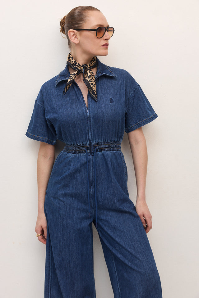 אוברול זיפר ג׳ינס וונט ספייסי קצר נייבי