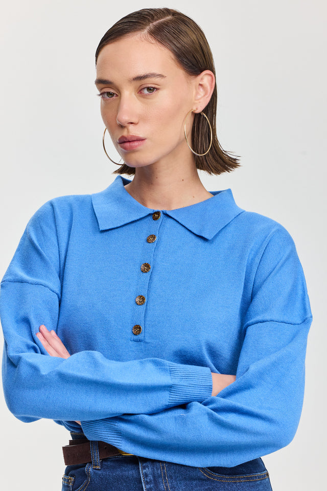 חולצת סריג אפוגאטו פולו ארוכה כחולה
