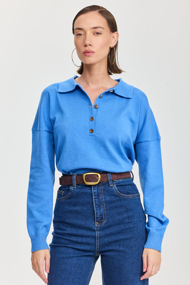 חולצת סריג אפוגאטו פולו ארוכה כחולה