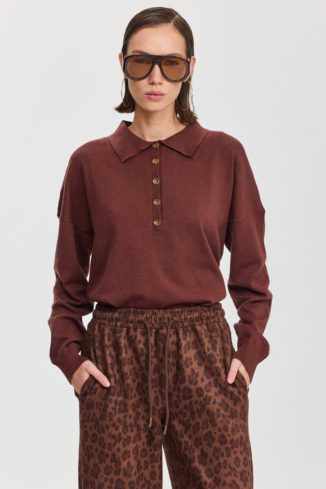 חולצת סריג אפוגאטו פולו ארוכה חומה