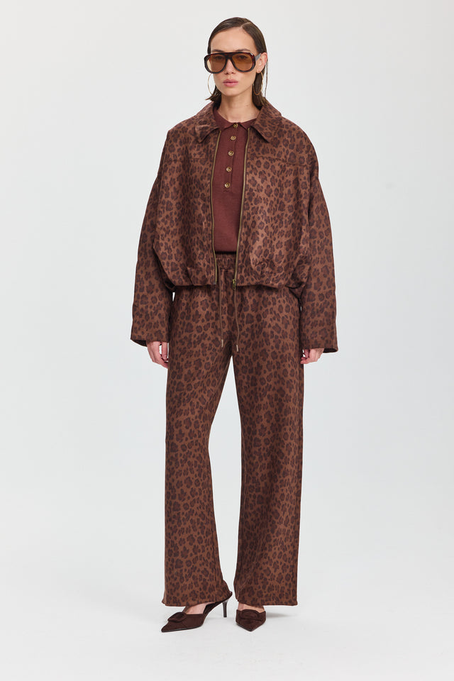 מכנסיים מתרחבים מזמש מנומר עם גומי ושרוכים