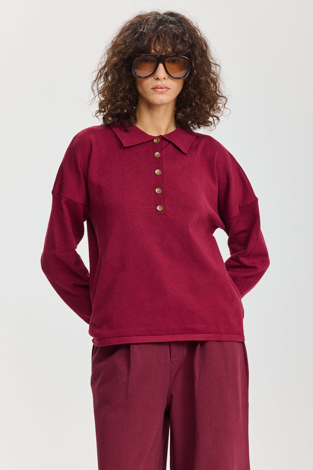 חולצת סריג אפוגאטו פולו ארוכה ברגנדי