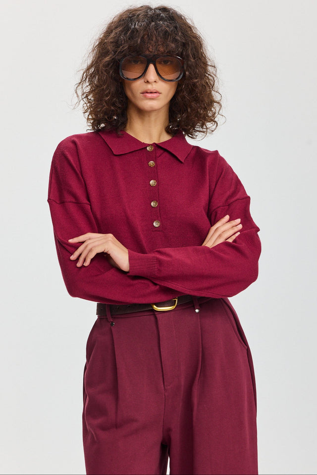 חולצת סריג אפוגאטו פולו ארוכה ברגנדי