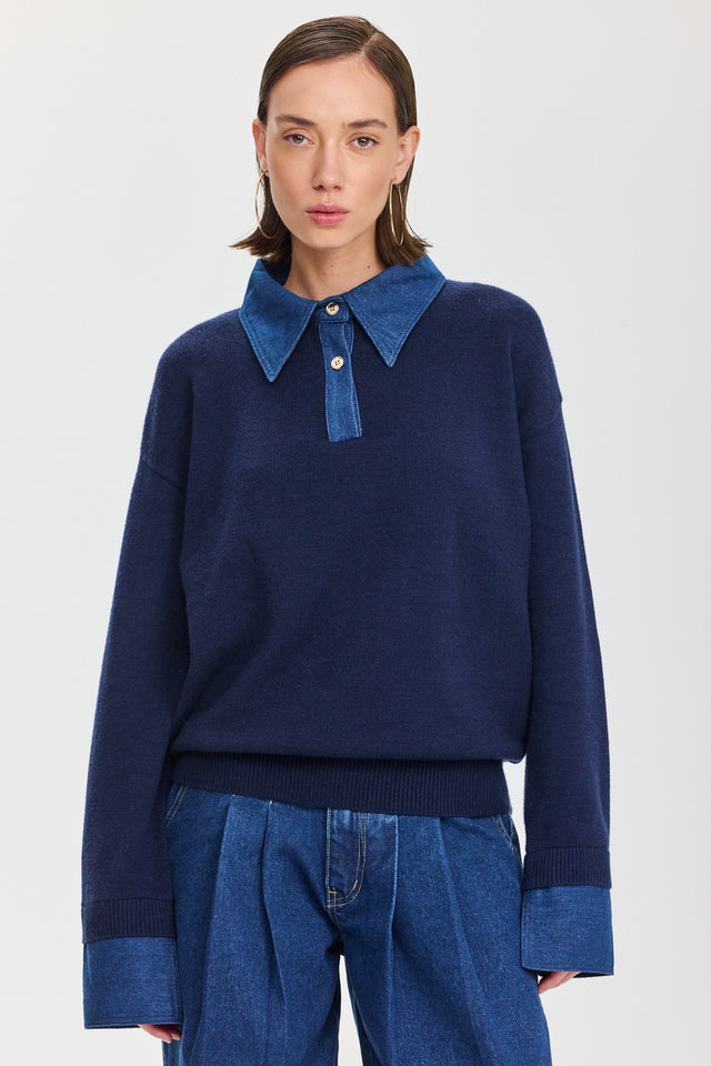 סריג פולו מאפין צווארון ג'ינס נייבי