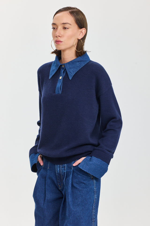 סריג פולו מאפין צווארון ג'ינס נייבי