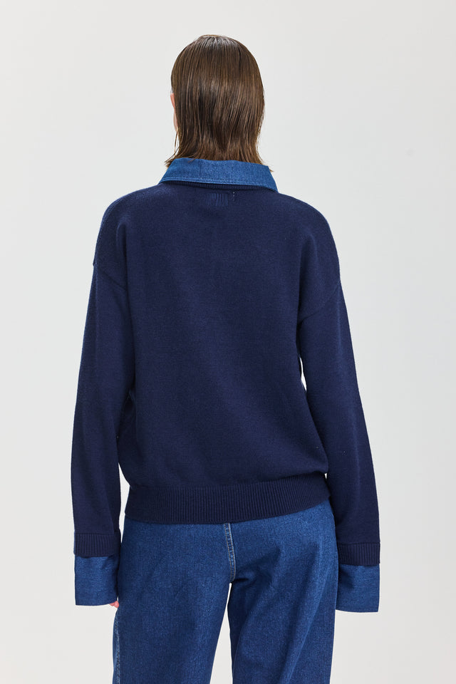 סריג פולו מאפין צווארון ג'ינס נייבי