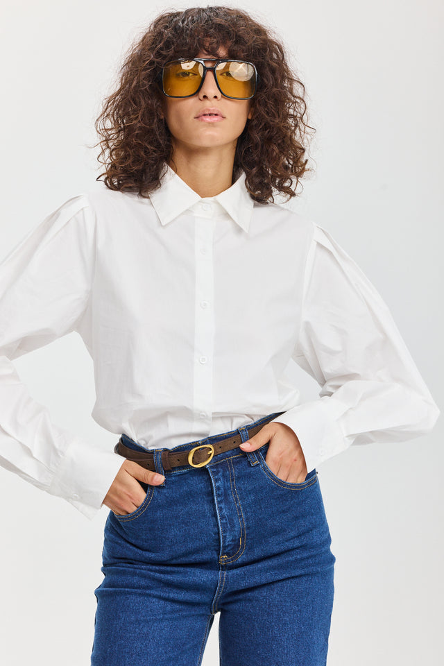 חולצה מכופתרת אלמונד כותנה ארוכה לבנה