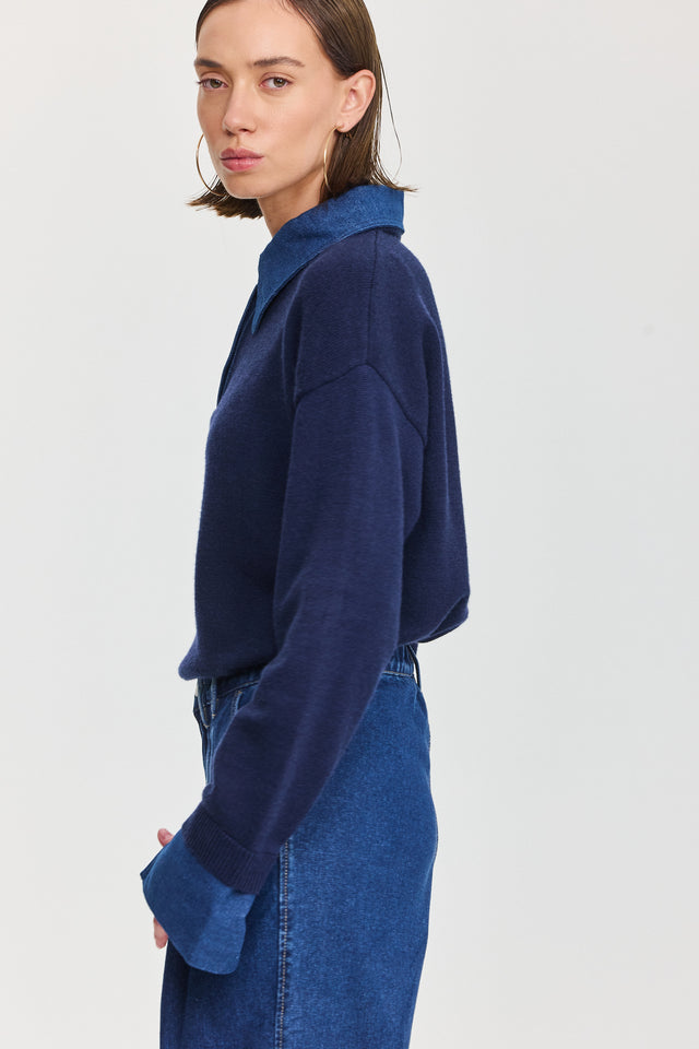 סריג פולו מאפין צווארון ג'ינס נייבי