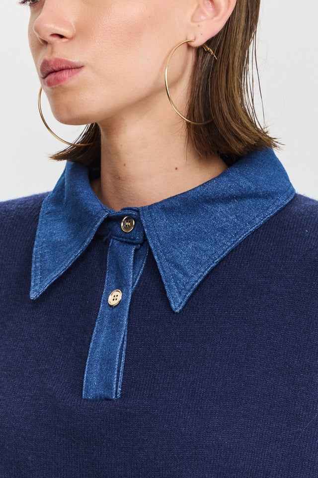 סריג פולו מאפין צווארון ג'ינס נייבי