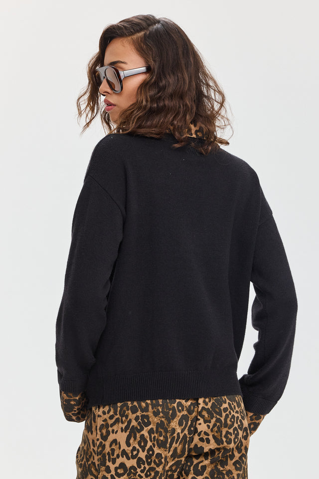 סריג פולו מאפין צווארון ג'ינס שחור מנומר