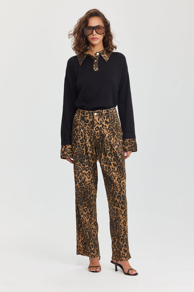 סריג פולו מאפין צווארון ג'ינס שחור מנומר