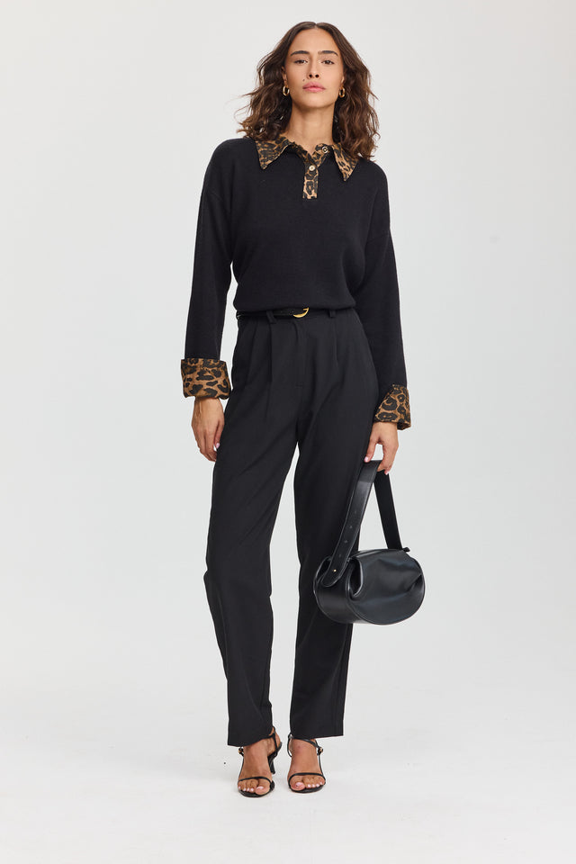 סריג פולו מאפין צווארון ג'ינס שחור מנומר