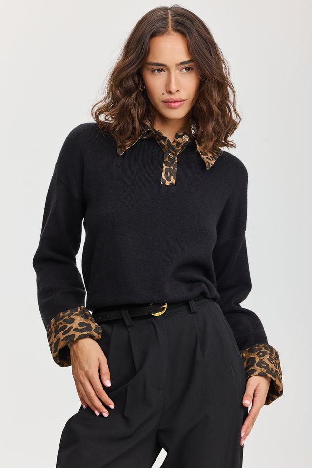 סריג פולו מאפין צווארון ג'ינס שחור מנומר