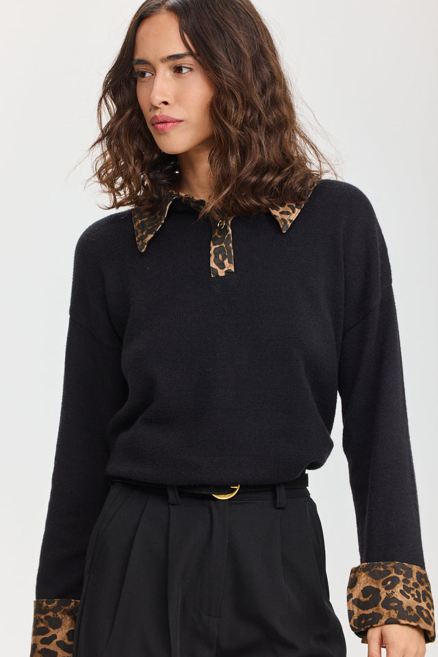 סריג פולו מאפין צווארון ג'ינס שחור מנומר