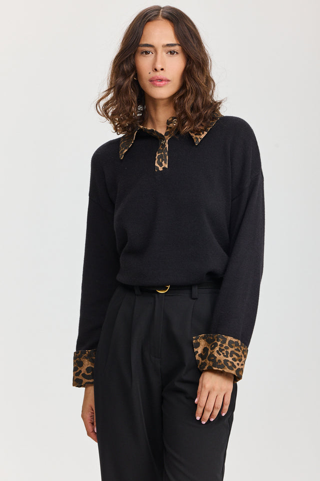 סריג פולו מאפין צווארון ג'ינס שחור מנומר