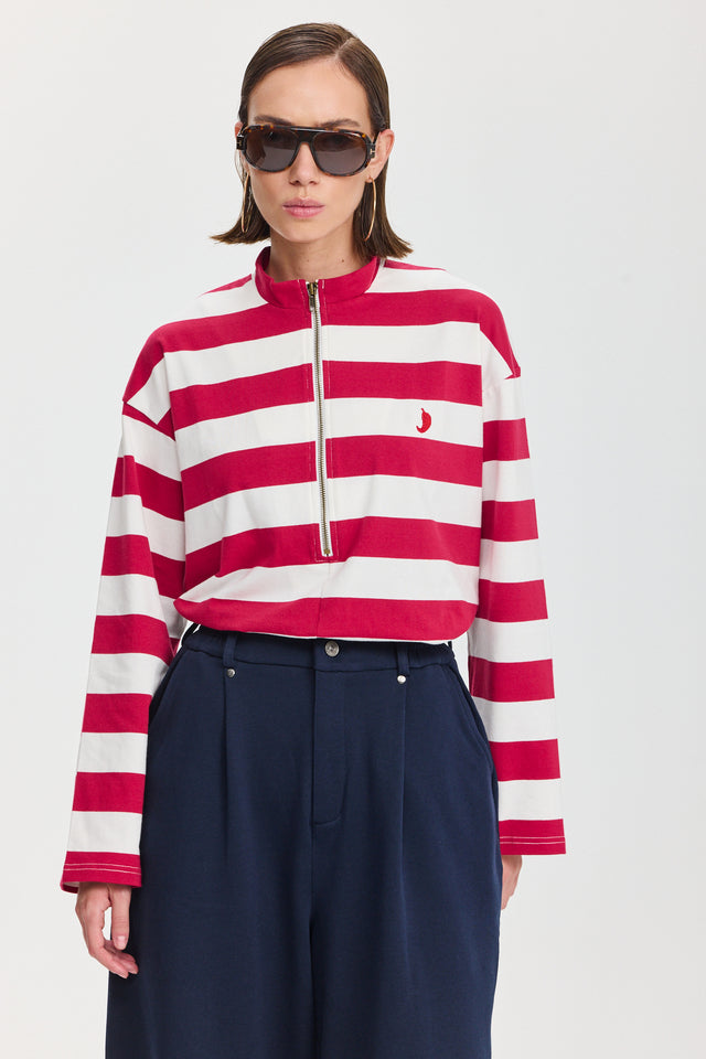 חולצת זיפר פסים שרוול ארוך אדום לבן