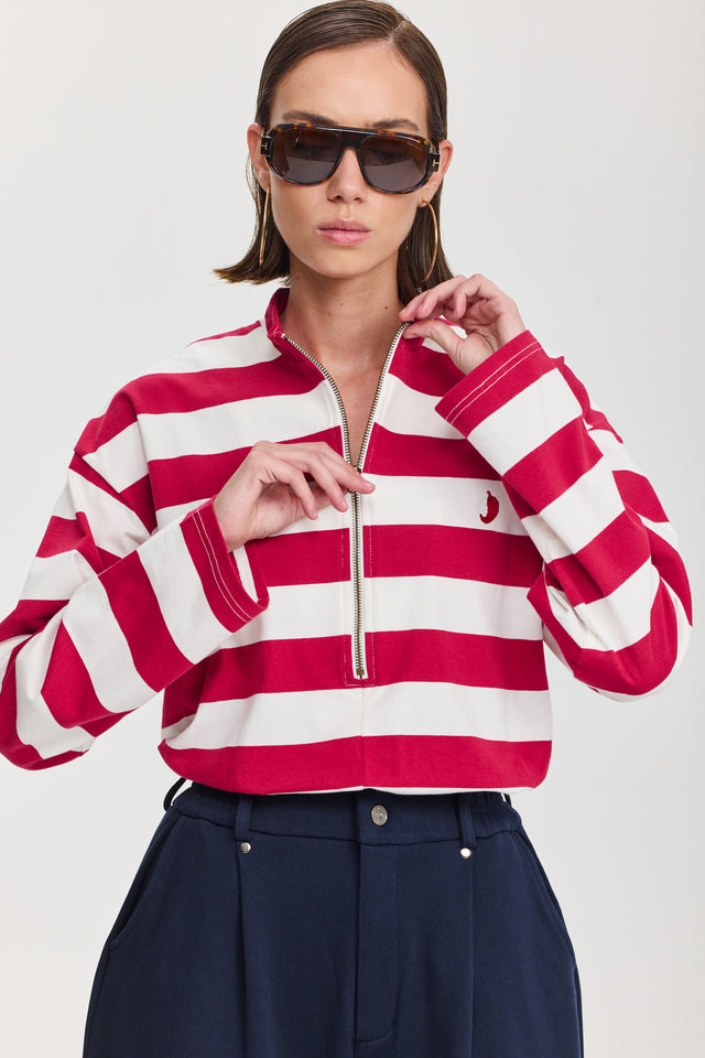 חולצת זיפר פסים שרוול ארוך אדום לבן