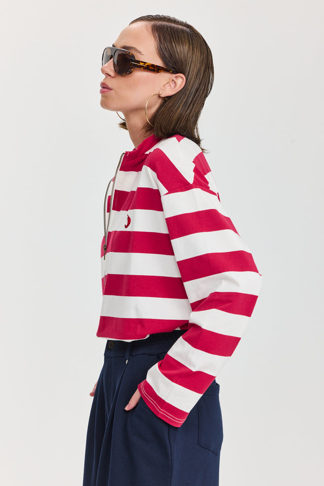 חולצת זיפר פסים שרוול ארוך אדום לבן