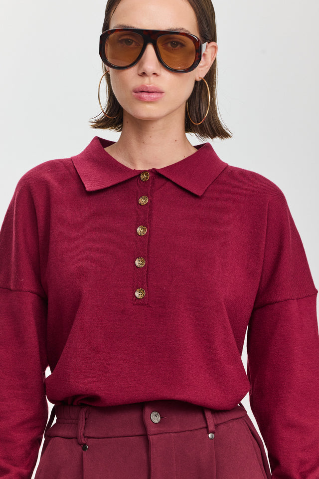 חולצת סריג אפוגאטו פולו ארוכה ברגנדי