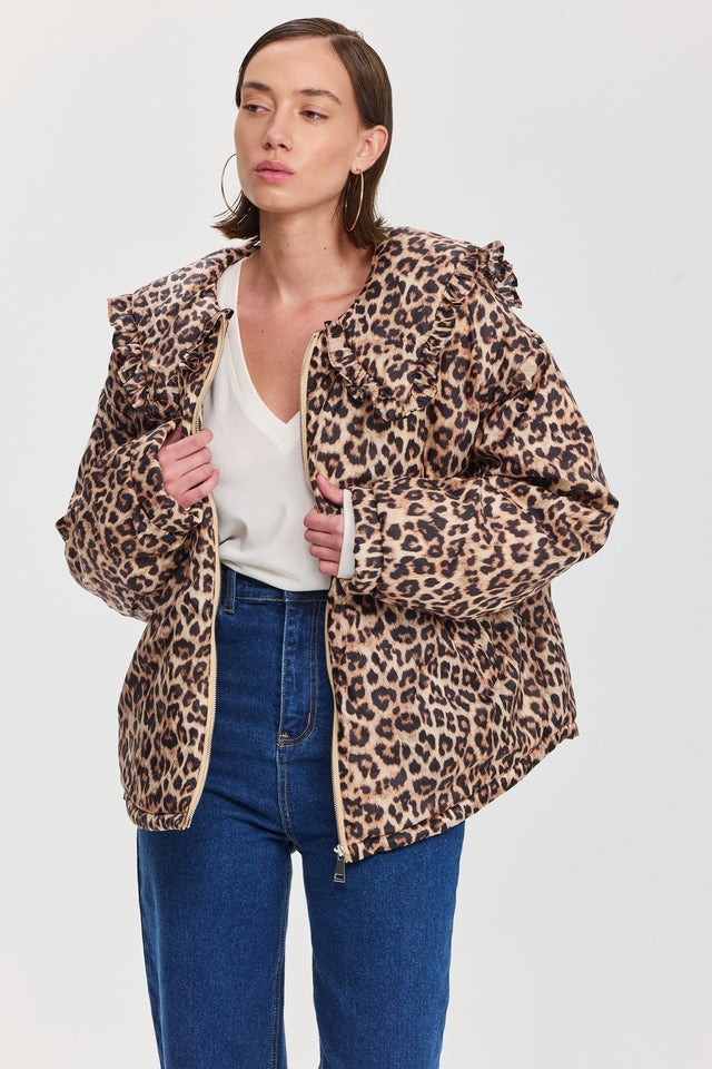 מעיל פלאפי צווארון מלמלה מנומר