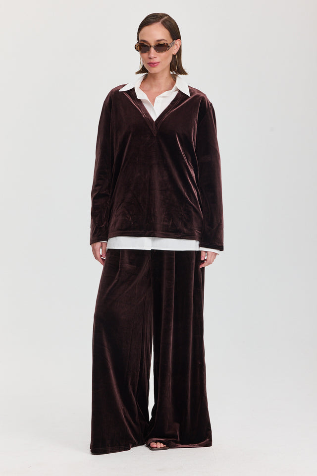 חולצת פנקייק קטיפה כריות נשלפות מפתח וי ארוכה חום שוקולד