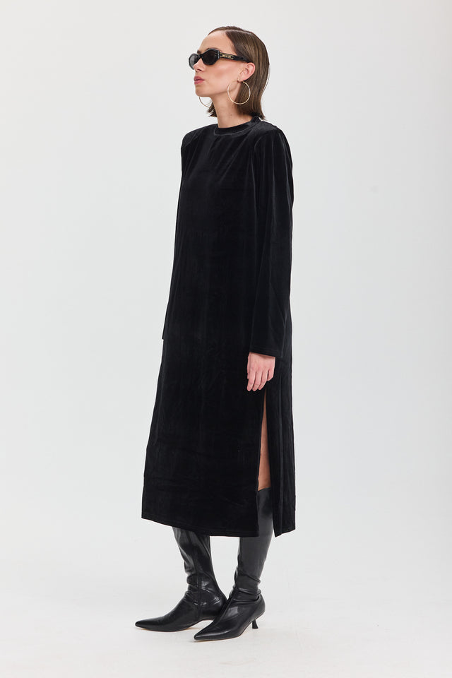 שמלת קטיפה מדמואזל מידי כריות כתפיים נשלפות שחורה