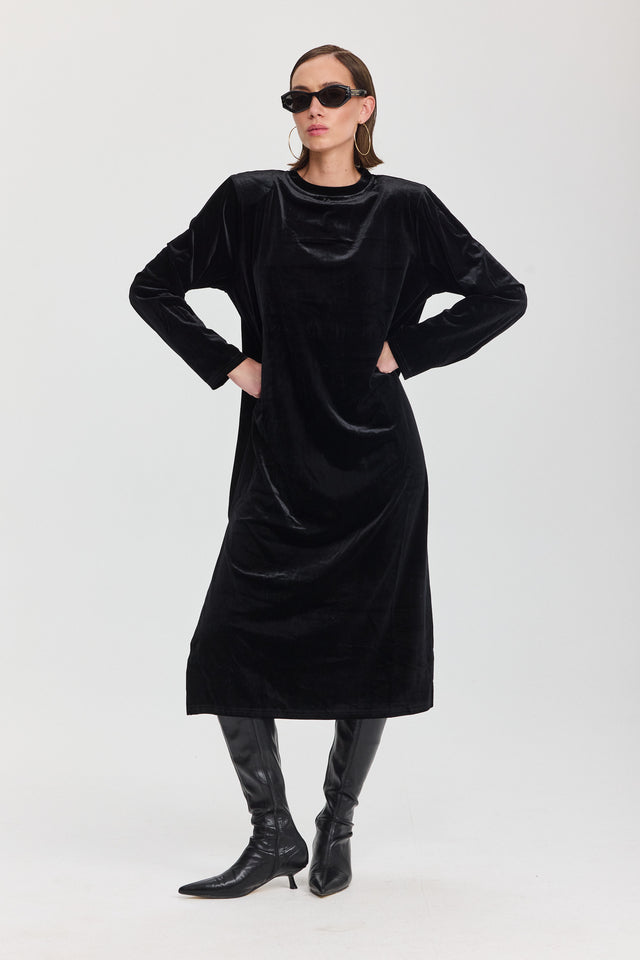 שמלת קטיפה מדמואזל מידי כריות כתפיים נשלפות שחורה