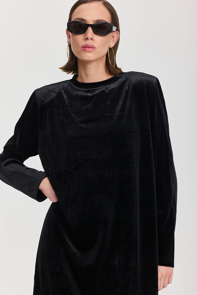 שמלת קטיפה מדמואזל מידי כריות כתפיים נשלפות שחורה