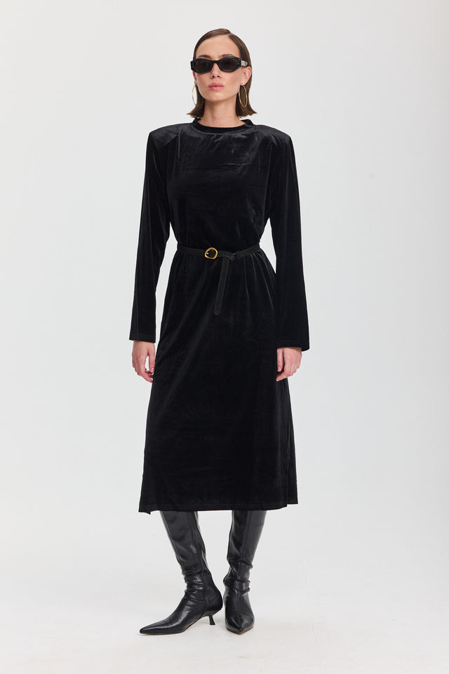 שמלת קטיפה מדמואזל מידי כריות כתפיים נשלפות שחורה