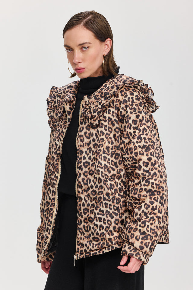 מעיל פלאפי צווארון מלמלה מנומר