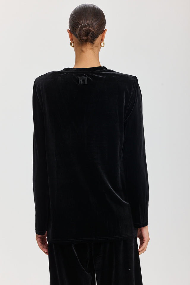 חולצת פנקייק קטיפה כריות נשלפות מפתח וי ארוכה שחורה