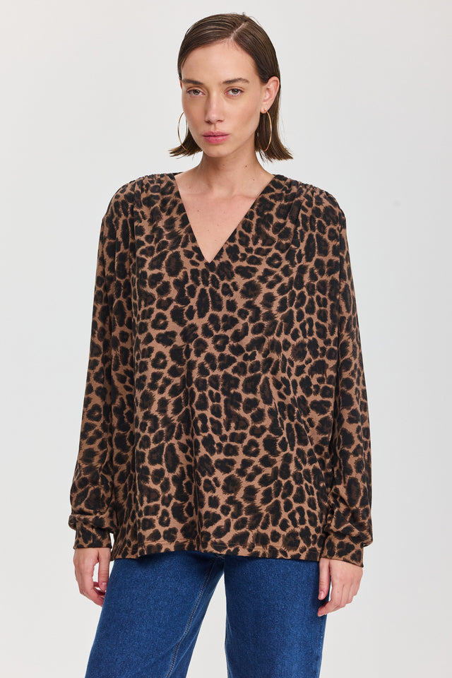 חולצת וי כיווצים ארוכה מנומר חום