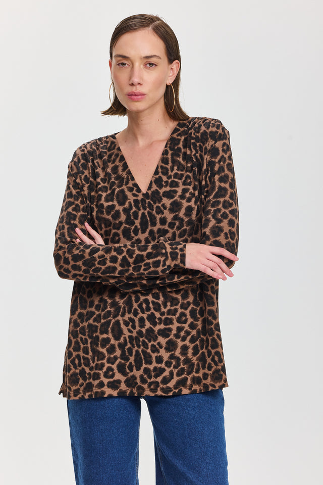 חולצת וי כיווצים ארוכה מנומר חום